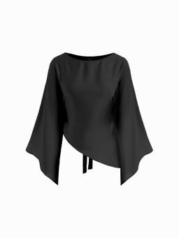 Cider - Satin Women's Asymmetrical Boat Neck Bell Sleeve Blouse Black