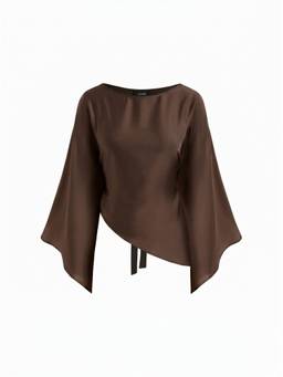 Cider - Satin Women's Boat Neck Bell Sleeve Asymmetrical Blouse Brown