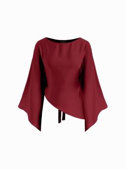 Cider - Satin Women's Boat Neck Bell Sleeve Asymmetrical Blouse Burgundy