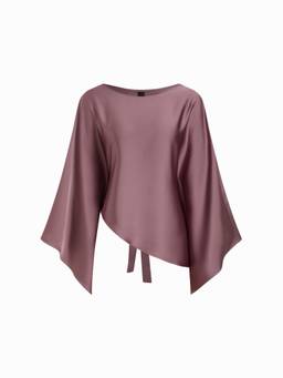 Cider - Satin Women's Boat Neck Bell Sleeve Asymmetrical Blouse Mauve