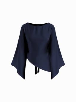 Cider - Satin Women's Boat Neck Bell Sleeve Asymmetrical Blouse Navy Blue