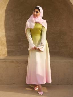 Cider - Gradient Women's Stand Collar Lace-Up Bell Sleeve Maxi Dress Green