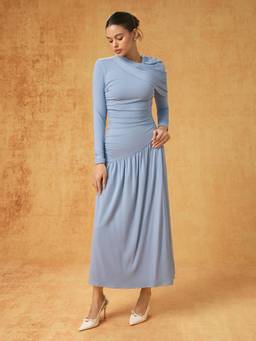 Cider - Ruched Women's Asymmetrical Neck Full Sleeve Maxi Dress Blue