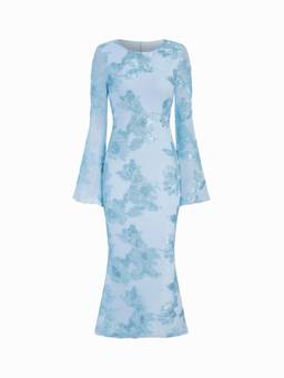 Cider - Floral Applique Women Bell Sleeve Mermaid Maxi Dress Sky Blue
