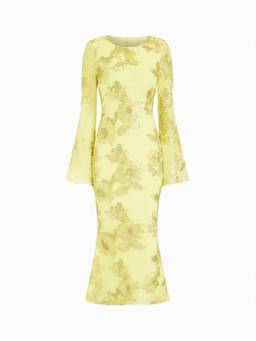 Cider - Floral Applique Women's Bell Sleeve Mermaid Maxi Dress Yellow