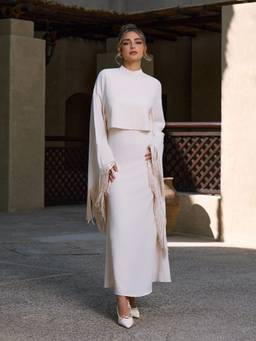 Cider - High Neck Women's Fringed Cape Midi Dress Co-ord Set Cream