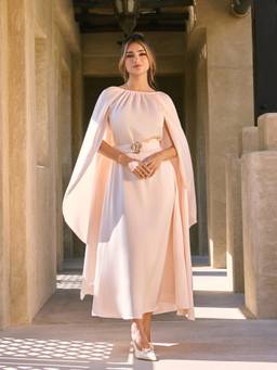 Cider - Satin Women's Cape Sleeve Belted Metal Detail Maxi Dress Beige