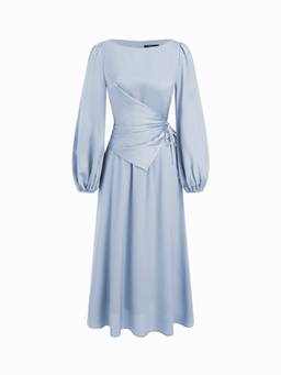 Cider - Satin Women's Boat Neck Lantern Sleeve Maxi Dress Blue