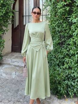 Cider - Satin Women's Boat Neck Lantern Sleeve Asymmetrical Maxi Dress Green