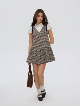Cider - Gingham Women's Oversized V-Neck Tie-Strap Mini Dress Brown