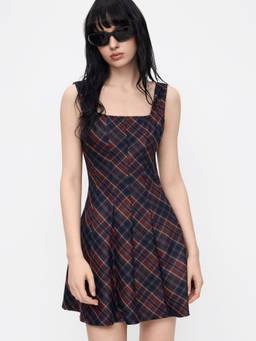 Cider - Plaid Women's Sleeveless Square Neck Flared Mini Dress Wine