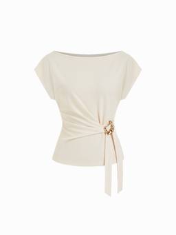 Cider - Twist Knot Women's Metal Detail Short Sleeve Tee Beige