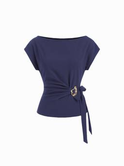 Cider - Twist Knot Women's Metal Detail Short Sleeve Top Indigo