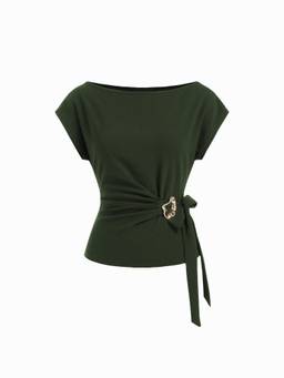 Cider - Twist Knot Women Metal Detail Short Sleeve Top Olive