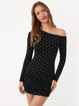 Cider - Polka Dot Women Ruched Asymmetrical Mini Dress Black