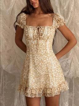 Cider - Chiffon Women's Square Neck Puff Sleeve Ruched A-Line Mini Dress Brown