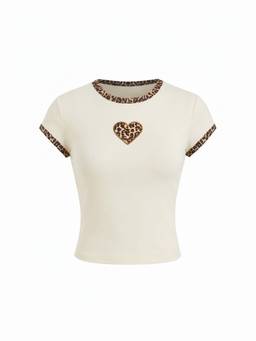Cider - Leopard Heart Applique Women's Regular Fit Crew Neck T-Shirt Cream