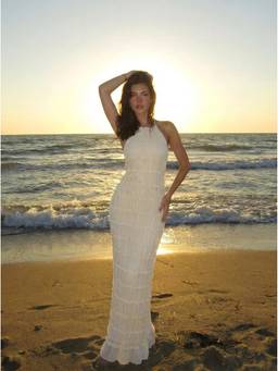 Cider - Chiffon Women's Halter Sleeveless Ruched Maxi Dress Beige