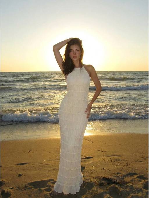 Buy Cider Chiffon Women's Halter Sleeveless Ruched Maxi Dress Beige (XS) Online