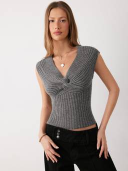 Cider - Knit Women's Twist V-Neck Cap Sleeve Top Grey