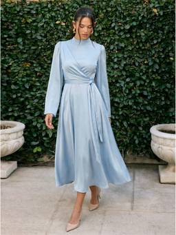 Cider - Satin Women's Wrap Flared Maxi Dress Baby Blue
