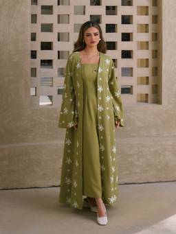Cider - Floral Embroidered Women Square Neck Maxi Dress Set Green