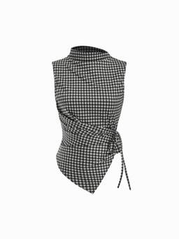 Cider - Gingham Women's Ruched Knotted Asymmetrical Hem Top Black & White