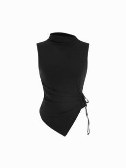 Cider - Stand Collar Women Ruched Asymmetrical Hem Top Black