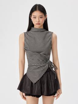 Cider - Gingham Women's Ruched Asymmetrical Hem Top Brown