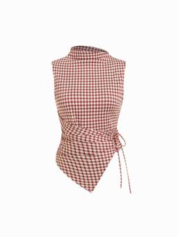 Cider - Gingham Women's Ruched Knotted Asymmetrical Hem Top Red