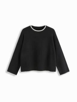 Cider - Knit Women's Contrast Binding Round Neck Long Sleeve Top Black