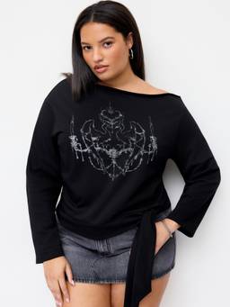 Cider - Cotton-Blend Women Abstract Graphic Asymmetrical Neck Top Black