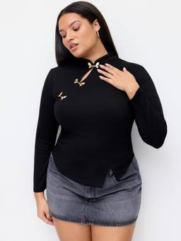 Cider - Women's High Neck Ruched Asymmetrical Top Black