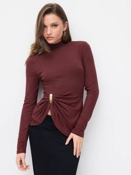 Cider - Stand Collar Women Ruched Twist Metal Detail Top Wine