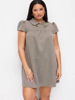 Cider - Peter Pan Collar Women's Houndstooth Button Mini Dress Khaki
