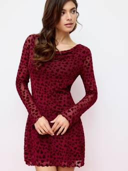 Cider - Mesh Heart Women's Flocked Boat Neck Bell Sleeve Mini Dress Wine