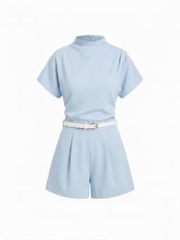 Cider - Stand Collar Women's Belted Playsuit Baby Blue