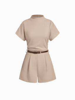 Cider - Stand Collar Women's Belted Regular Fit Playsuit Khaki