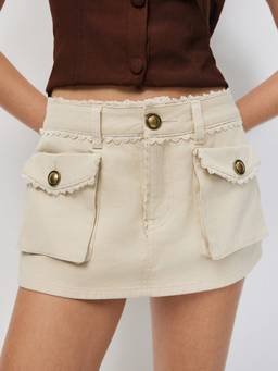 Cider - Low Rise Lace Trim Women's Pocket Mini Skirt Cream