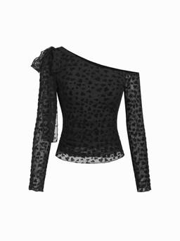 Cider - Mesh Flocking Heart Women Asymmetrical Neck Full Sleeve Top Black