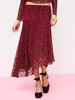Cider - Mesh Flocking Women's Heart Print Asymmetrical Maxi Skirt Wine