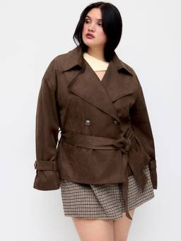 Cider - Suede Women's Double-Breasted Belted Trench Coat Coffee