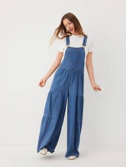 Cider - Washed Denim Women Metal Detail Wide-Leg Dungarees Blue