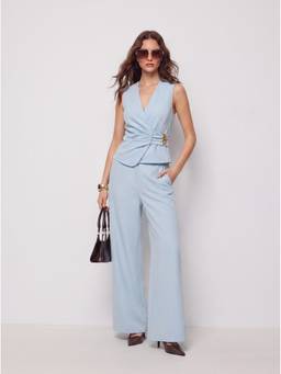 Cider - Wrap Front Women's Ruched V-Neck Pant Set Blue