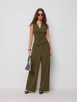 Cider - Wrap Front Women Ruched V-Neck Pant Set Olive
