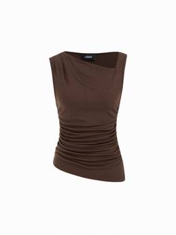 Cider - High Stretch Women’s Ruched Asymmetrical Neck Tank Top Brown