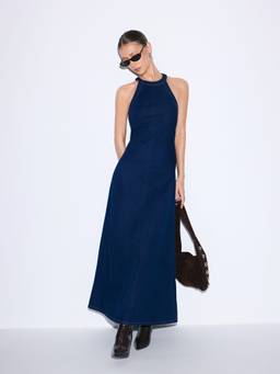 Cider - Stretch Washed Women's Halter Neck A-Line Maxi Dress Dark Denim