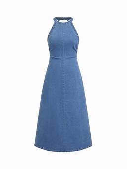 Cider - Stretch Washed Denim Women's Halter Neck A-Line Maxi Dress Mid Blue