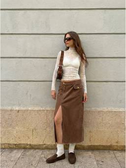 Cider - Washed Denim Women Low Rise Split Pencil Maxi Skirt Brown