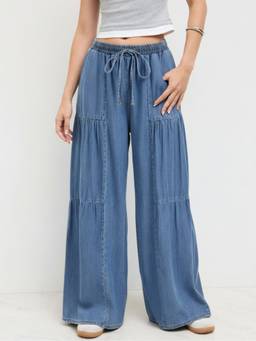 Cider - Women's Mid-Rise Drawstring Ruched Wide-Leg Jeans Indigo